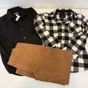 Boys Outfit Bundle size 10/12 Plaid Khaki Button Down Black Shirt